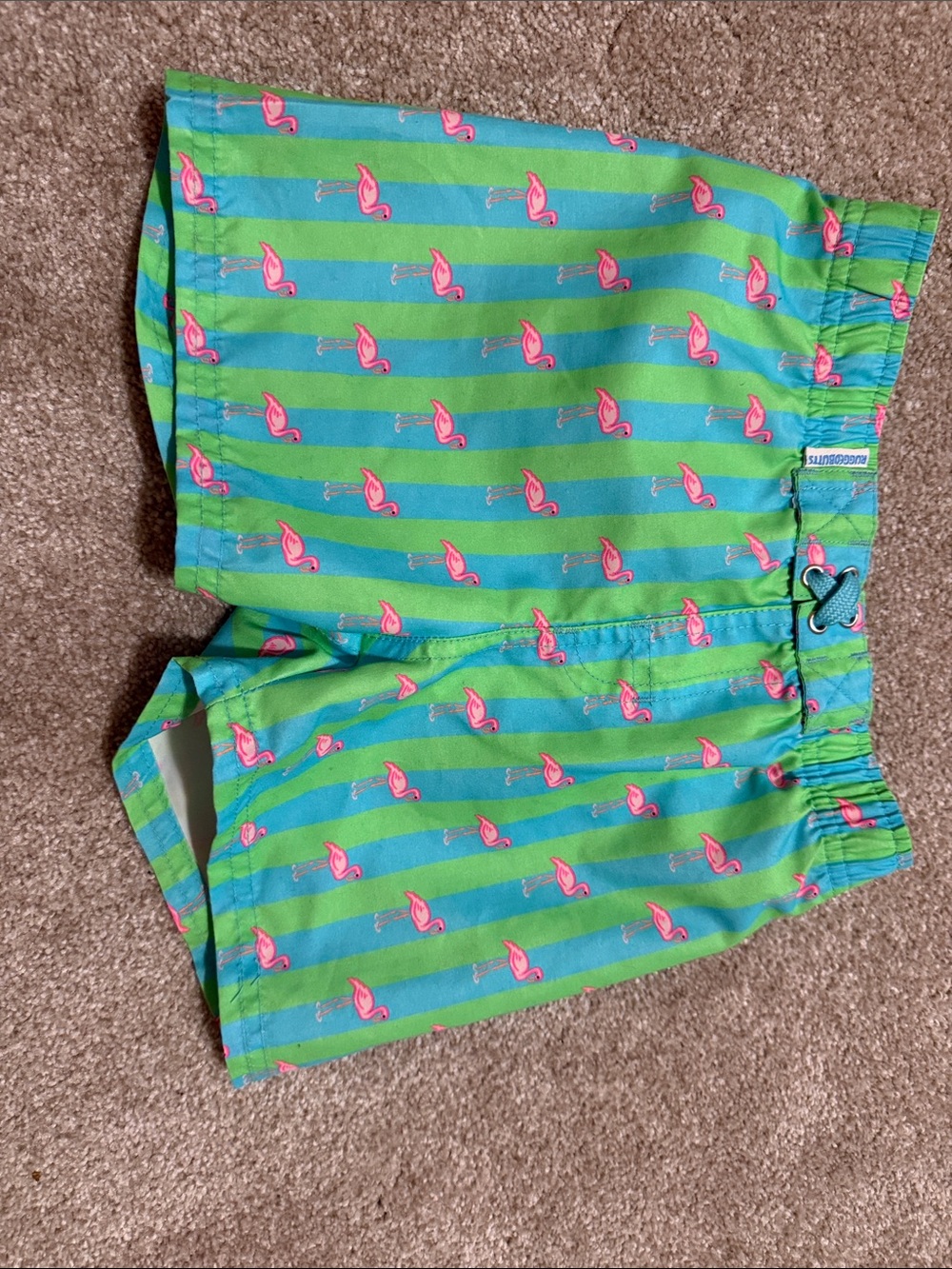 Ruggedbutts Kids Green & Blue Striped Flamingo Swim Trunks